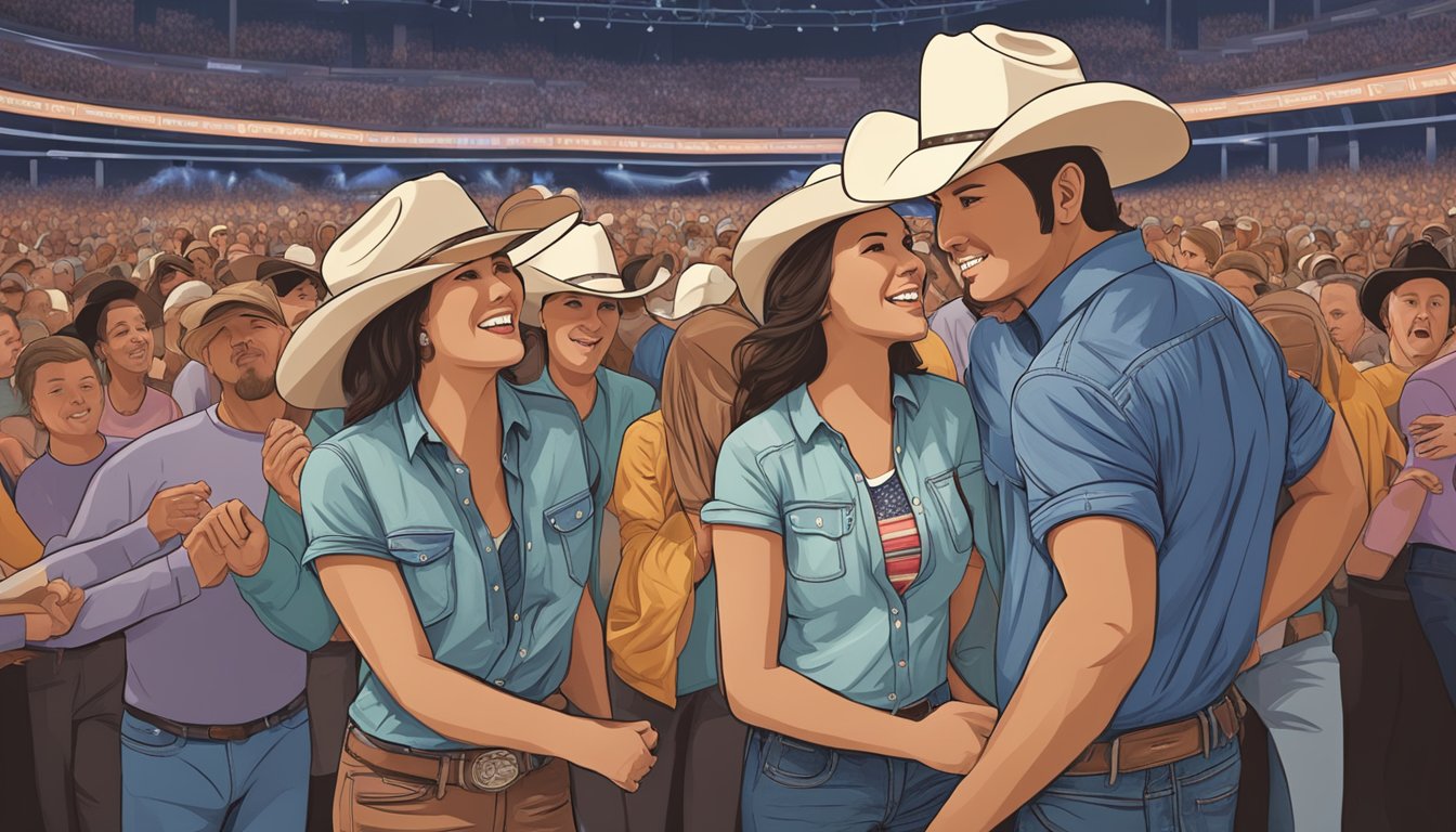 A country music concert with fans wearing George Strait shirts, engaging with the singer and respecting each other's privacy