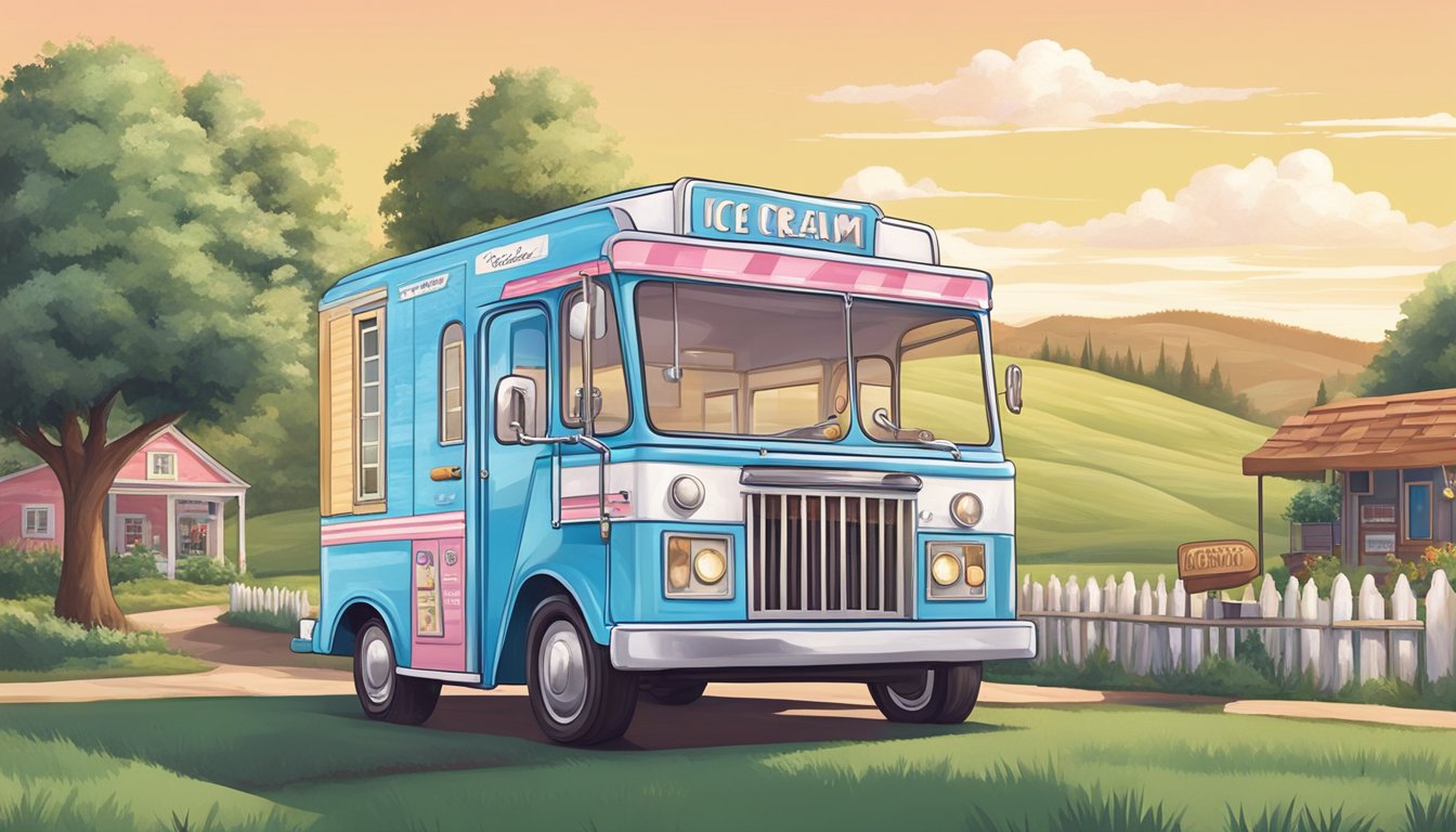 A vintage ice cream truck parked outside a quaint creamery, surrounded by rolling green hills and a clear blue sky