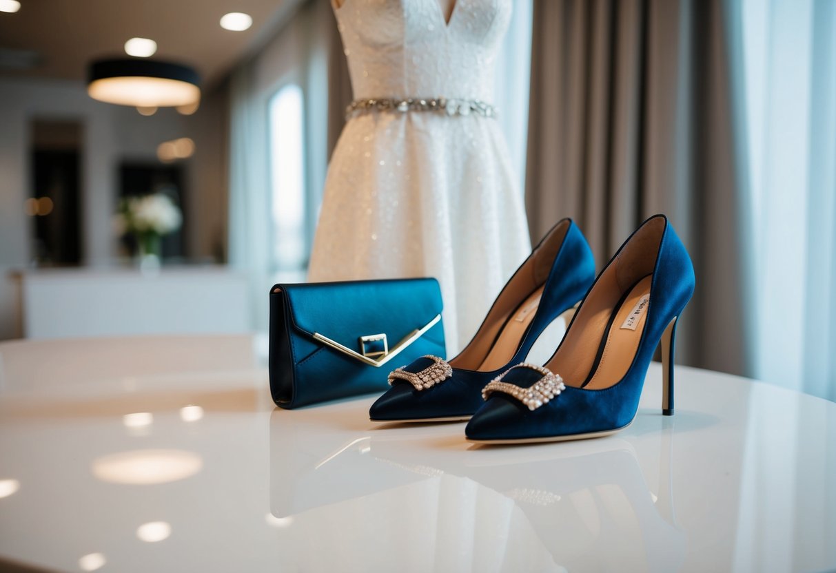 A pair of elegant clutch match shoes placed next to a stylish dress on a clean, well-lit surface
