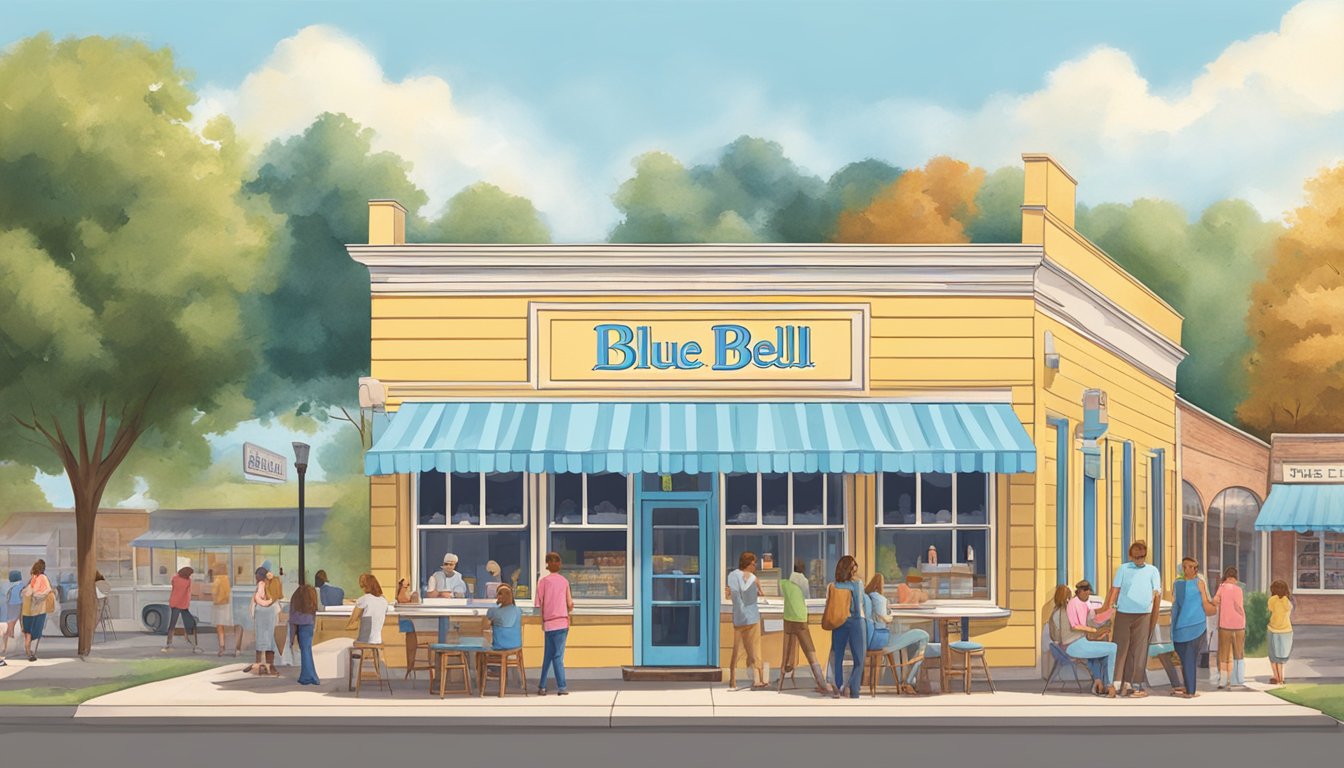 A sunny day at Blue Bell Creameries in Sylacauga, with a colorful storefront and a line of customers enjoying ice cream cones