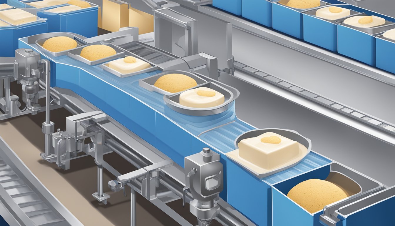 Machinery filling and sealing blue bell ice cream cartons on a conveyor belt in a Houston factory