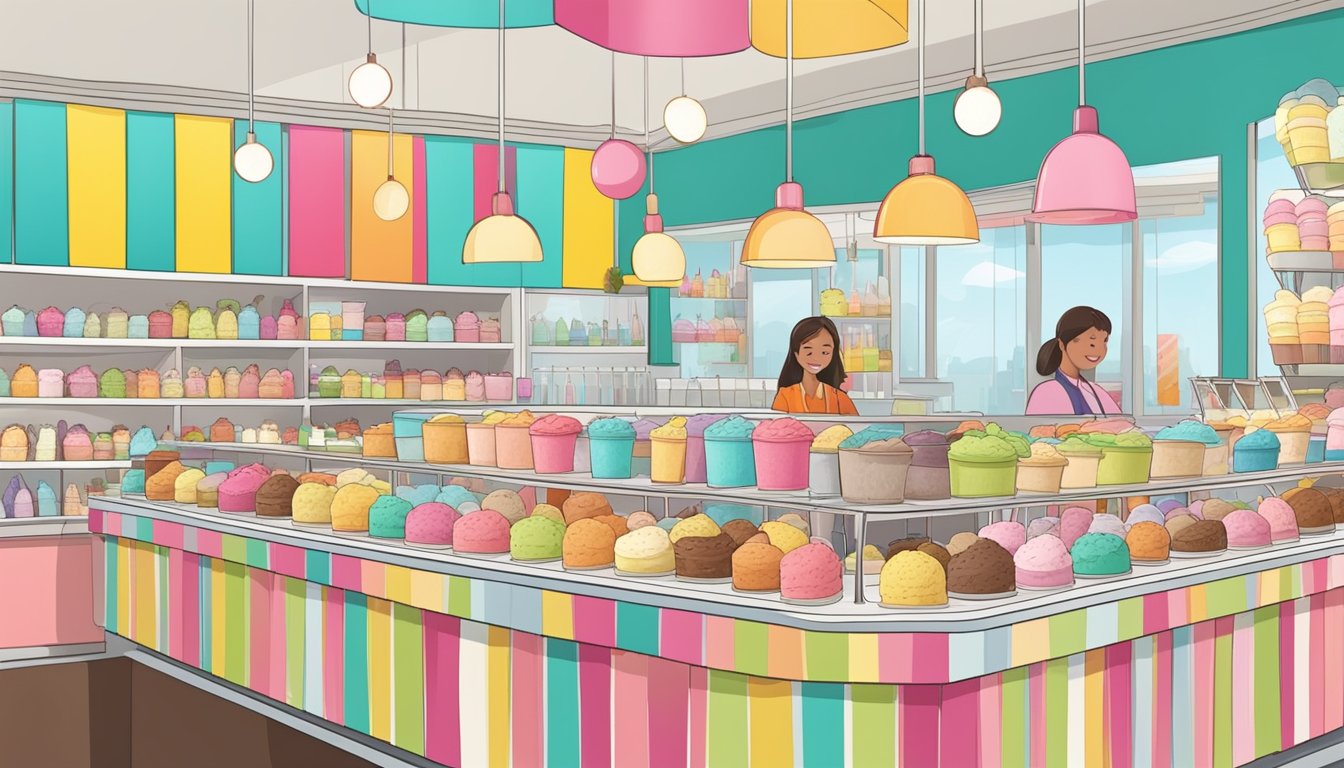 A colorful ice cream parlor with rows of various flavored tubs and a happy customer sampling a cone