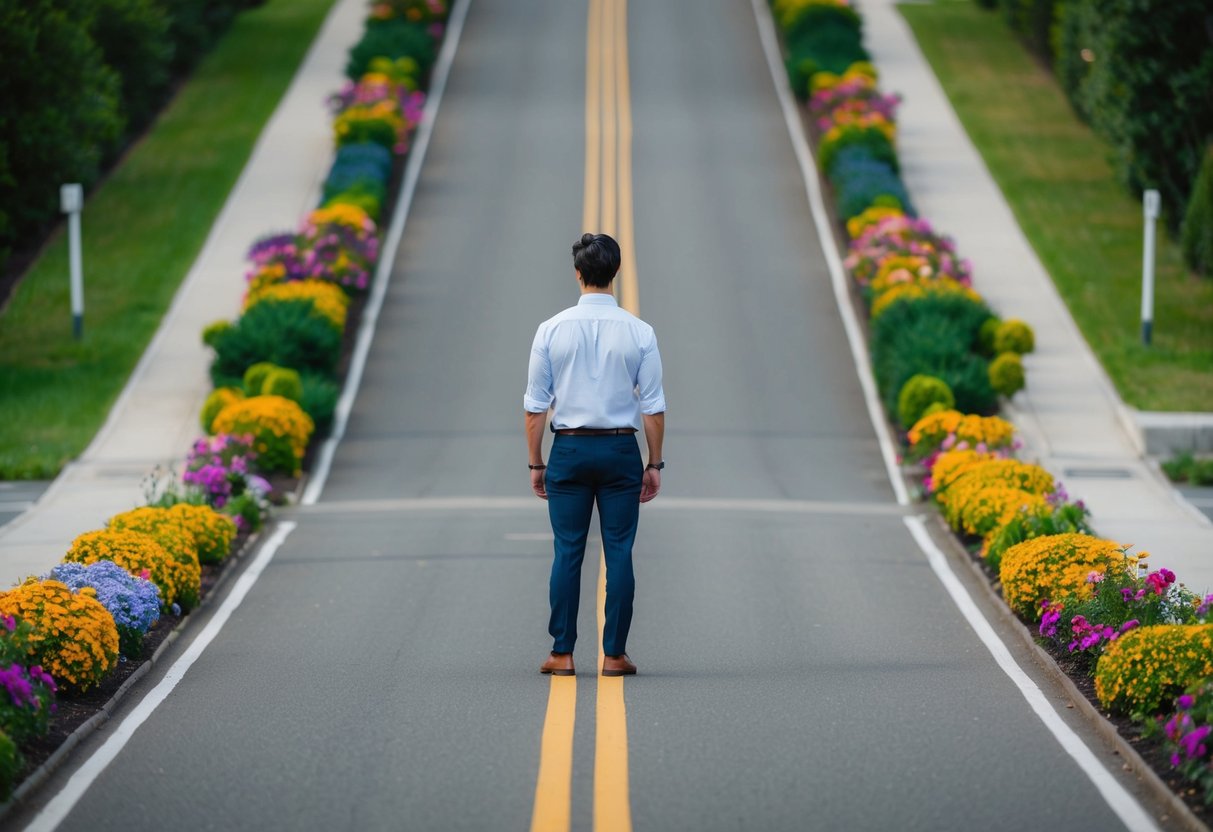 A person stands at a crossroads, with multiple paths leading in different directions. Each path is lined with vibrant flowers and lush greenery