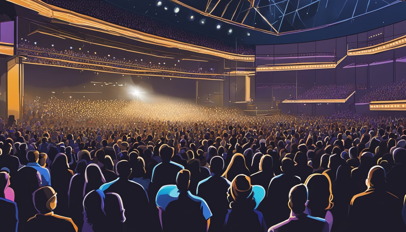 A crowded concert venue with stage lights shining on George Strait performing in Milwaukee