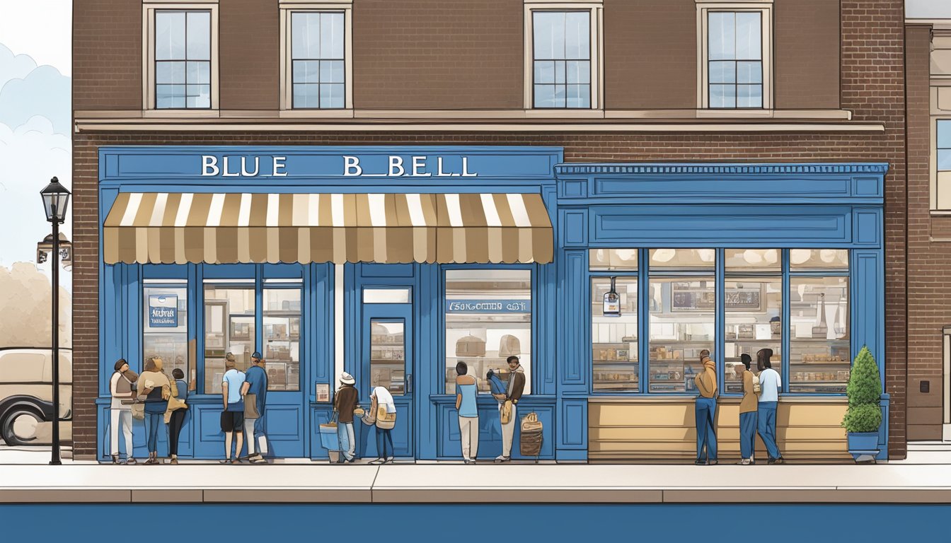 The iconic blue bell creameries storefront in Houston, with a line of customers waiting to purchase their favorite ice cream flavors