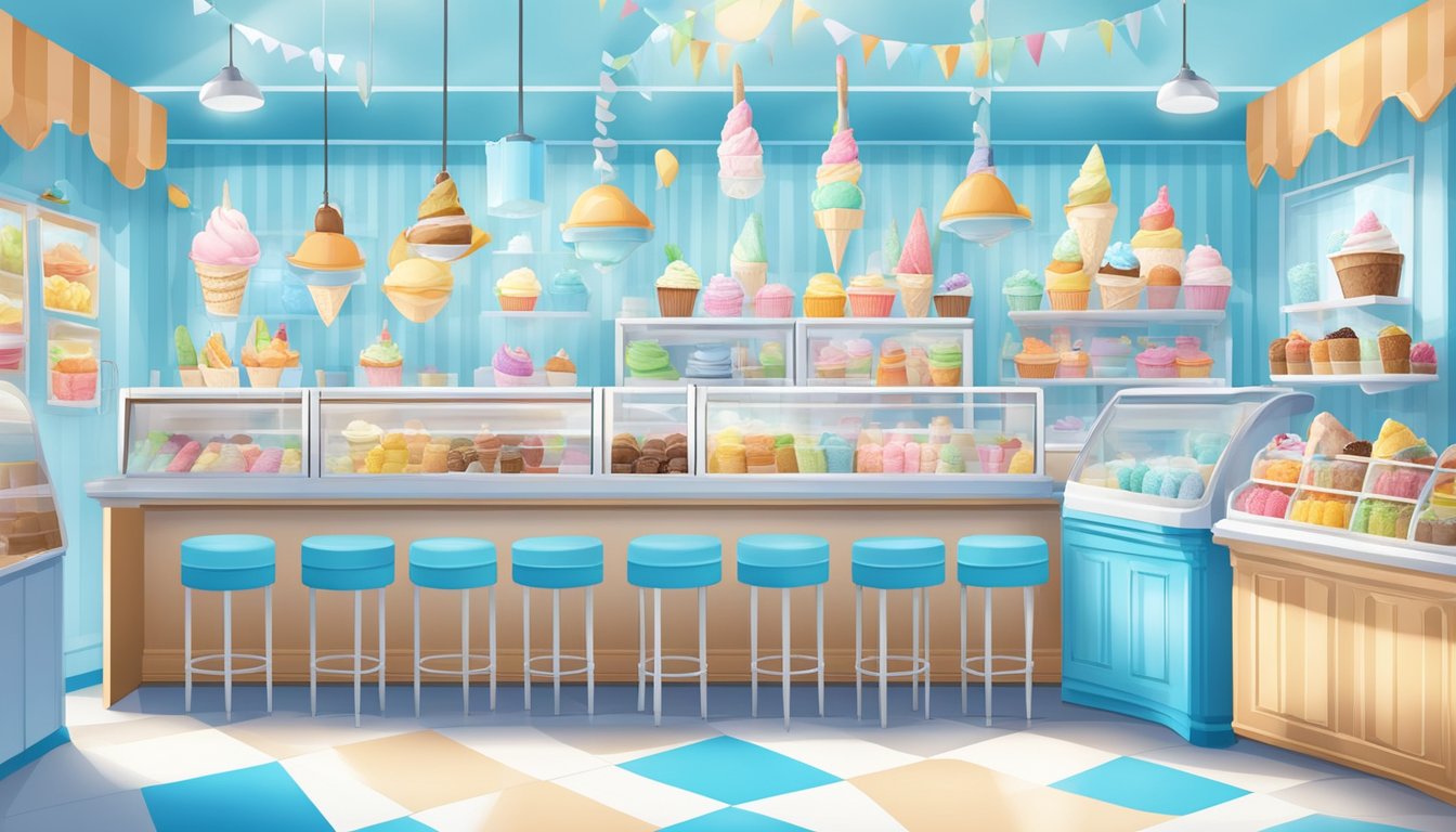 A cheerful ice cream shop with a bright blue and white color scheme, featuring a variety of frozen treats and a welcoming atmosphere