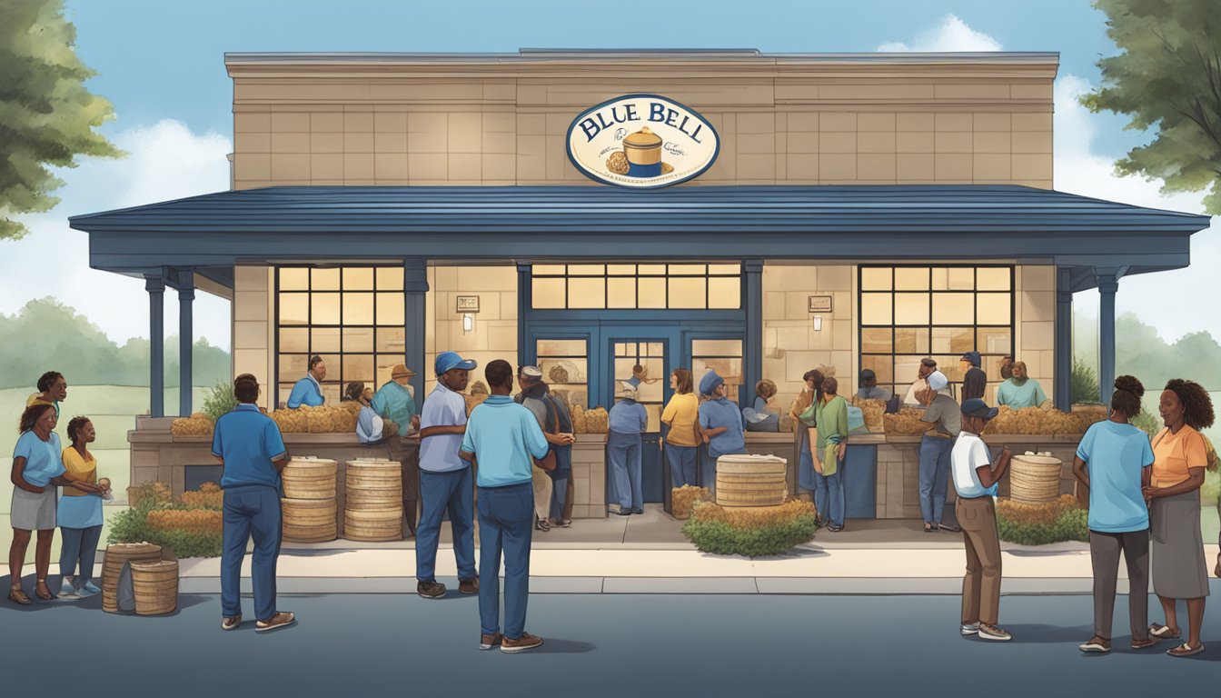 A group of people gather outside Blue Bell Creameries in Sylacauga, interacting with the products and engaging with the community