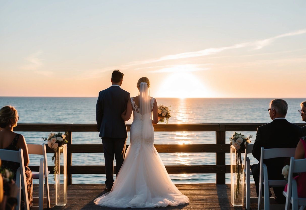 A bride stands at the end of a pier, facing the ocean, with her ceremony companion by her side. The sun sets behind them, casting a warm glow over the scene