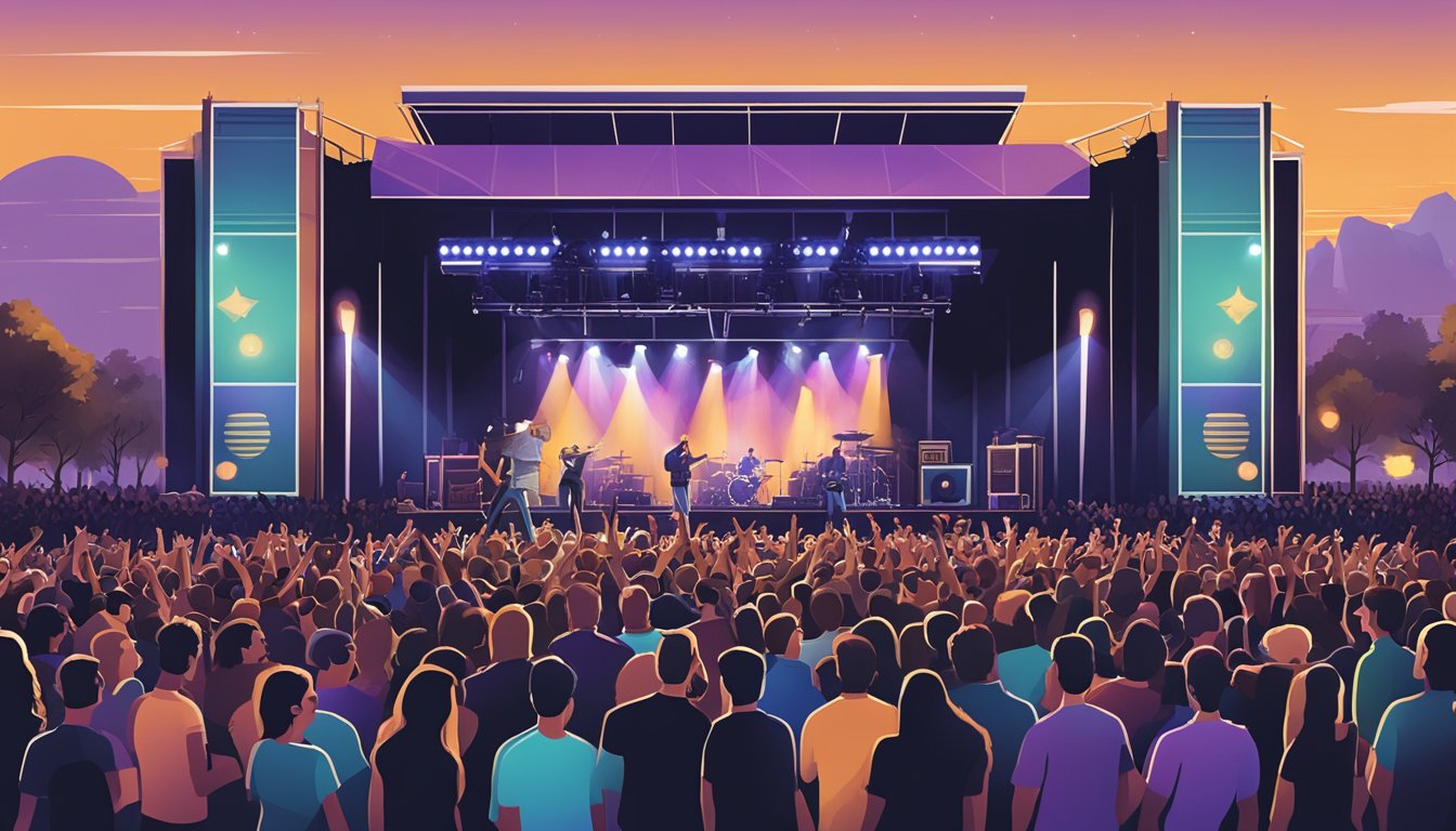 A crowded outdoor concert venue with a stage, lights, and a large crowd of excited fans in Milwaukee