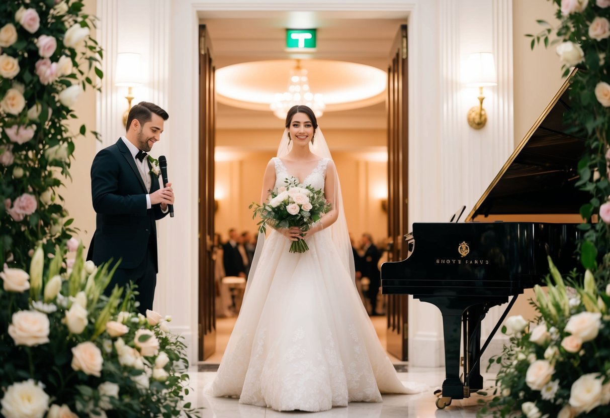A bride stands at the entrance of a grand venue, surrounded by flowers and soft lighting, while a musician plays her chosen song on a grand piano