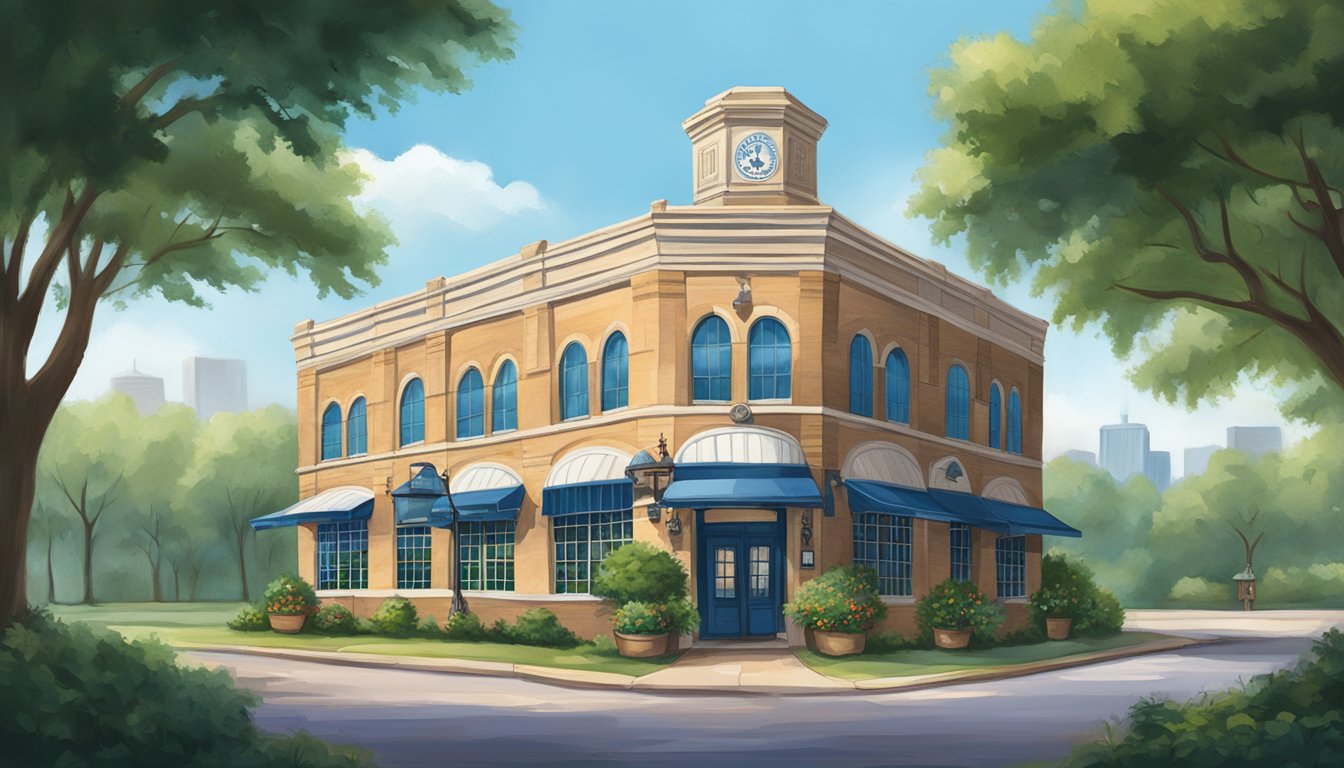 The iconic blue bell creameries building in Houston, surrounded by lush greenery and a bustling atmosphere