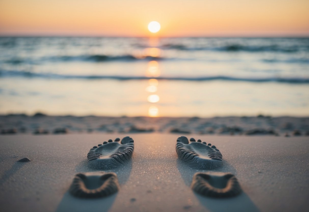 A serene beach at sunset with a pair of footprints in the sand leading towards the water