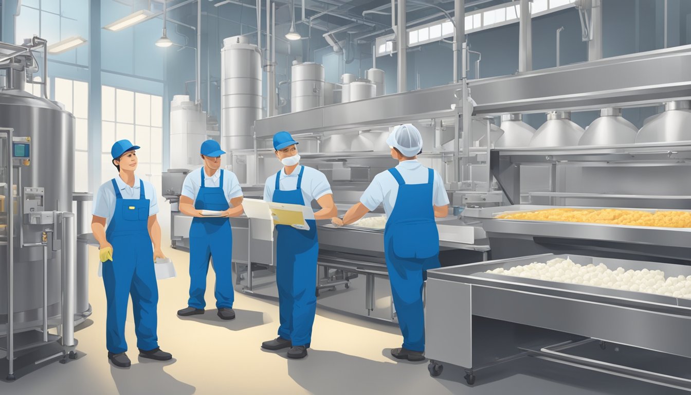 A bustling creamery with workers in blue uniforms, inspecting equipment and packaging, while a supervisor checks off a clipboard