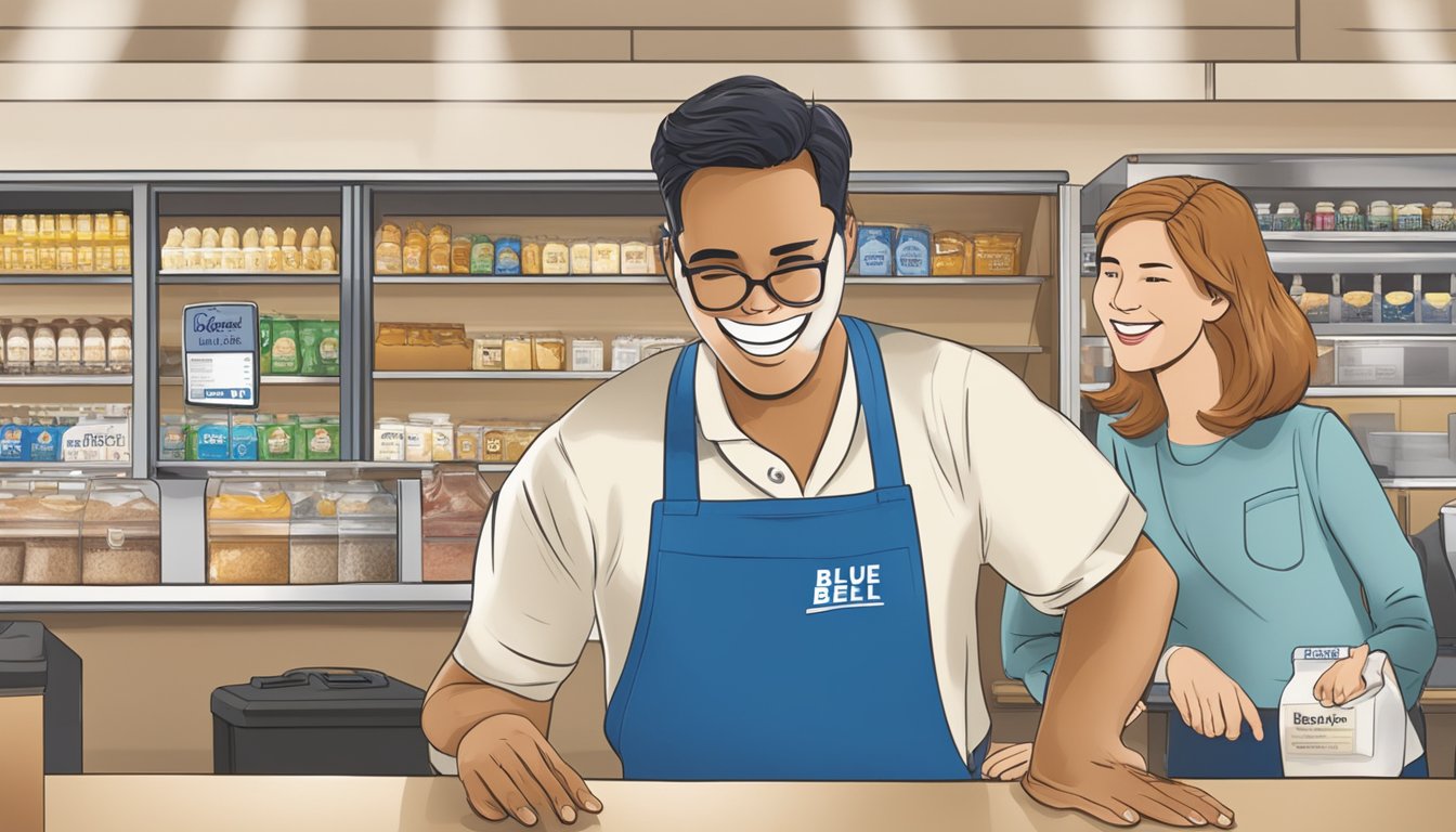 A customer service representative at Blue Bell Creameries in Sylacauga, Alabama, assists a customer with a smile, while the company's contact information is displayed prominently in the background