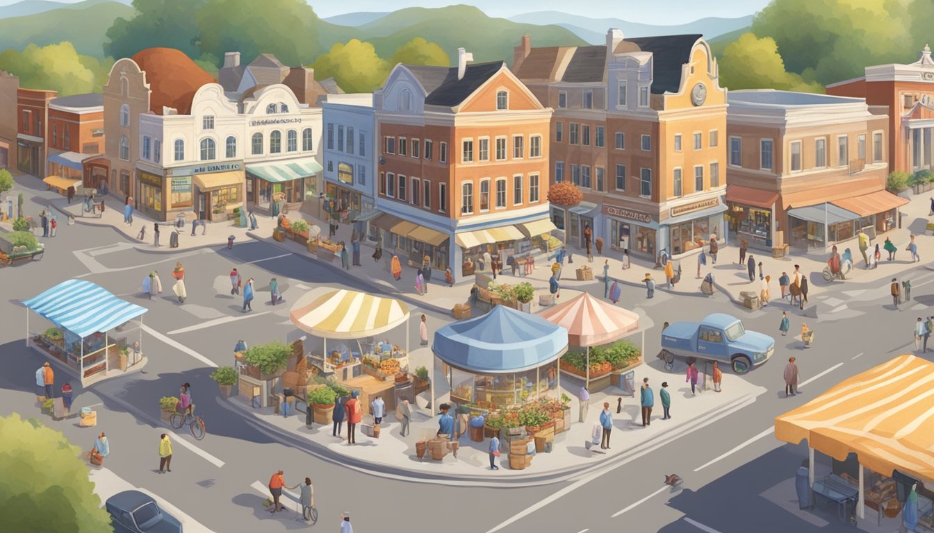 A bustling town square with a prominent Creamery building, surrounded by local businesses and farmers selling their products