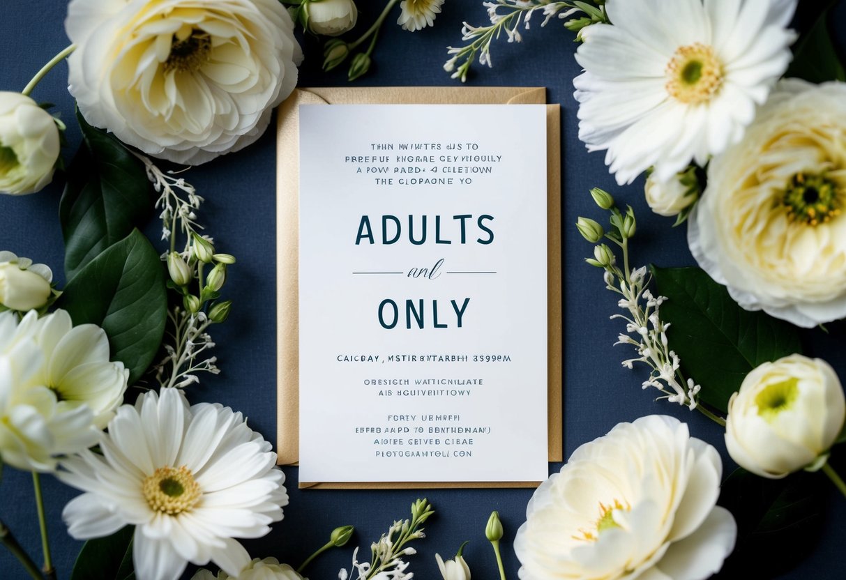 A wedding invitation with a clear "adults-only" message, surrounded by elegant floral decorations
