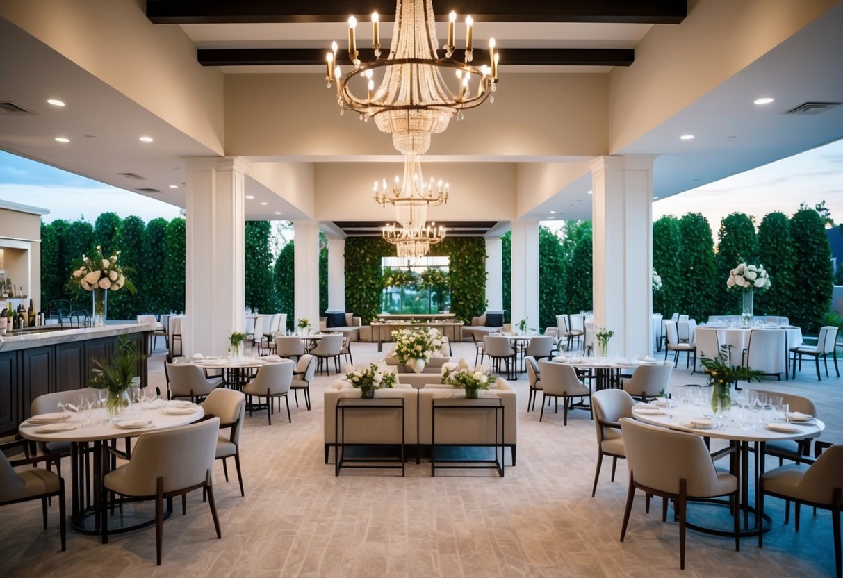 A serene, elegant event venue with modern decor and luxurious amenities, including a spacious bar area and a beautiful outdoor garden