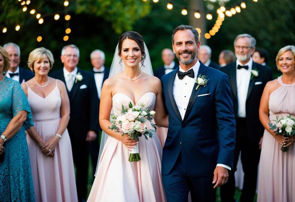 The bride wears a pale pink dress to the rehearsal dinner, surrounded by family and friends in formal attire