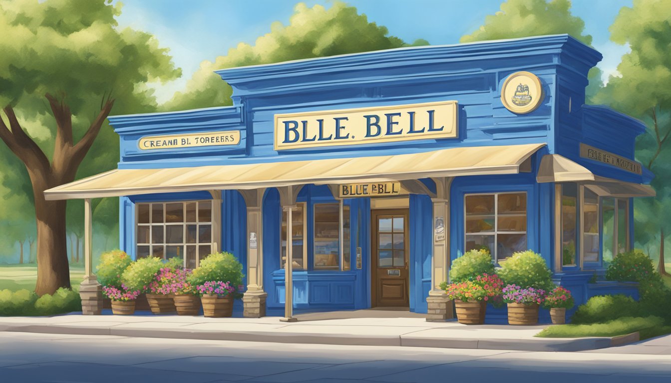 A vintage Blue Bell Creameries storefront with a colorful sign, surrounded by lush green trees and a clear blue sky