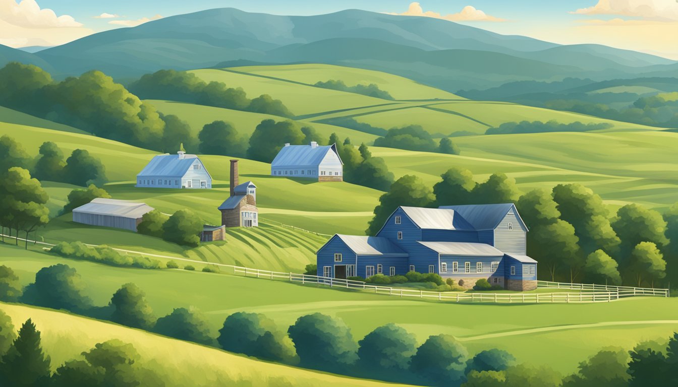 A serene countryside landscape with a vintage blue bell creameries stock building nestled among rolling hills and lush green pastures