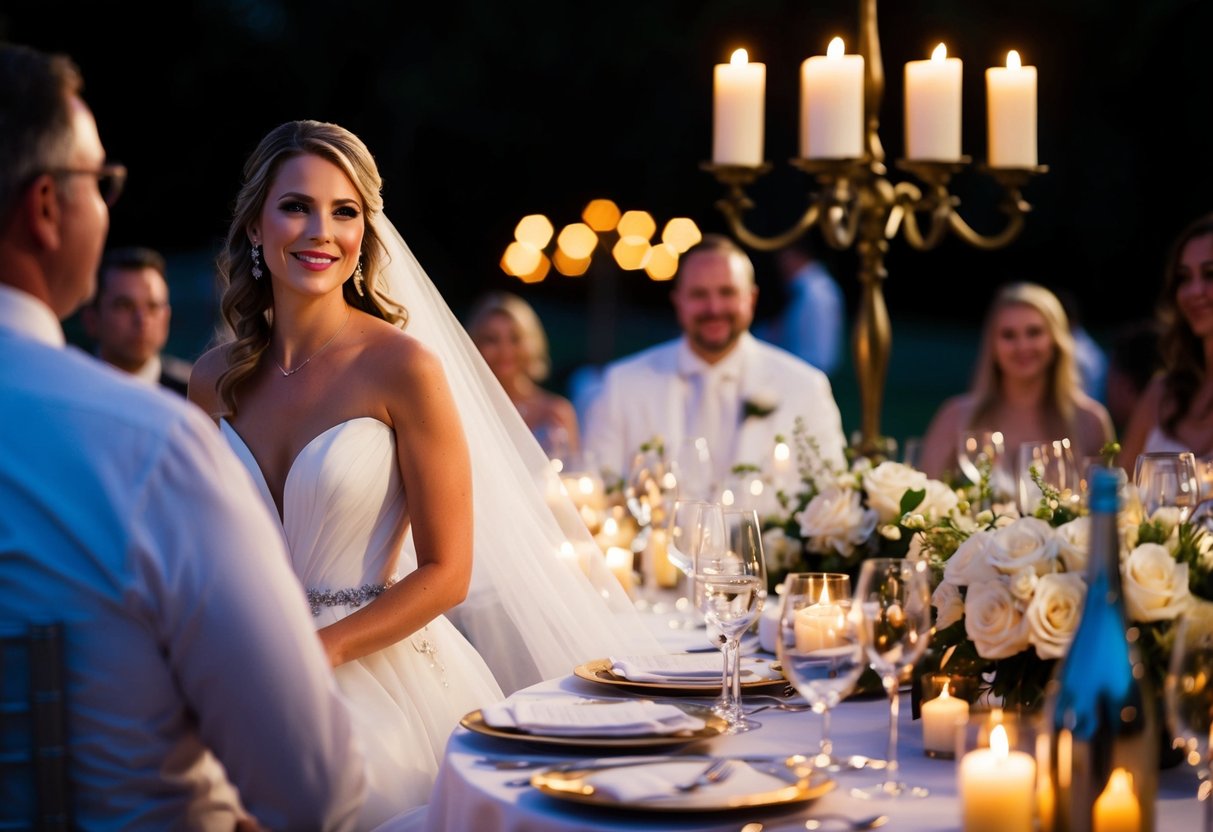 A bride in a flowing white dress at a candlelit rehearsal dinner