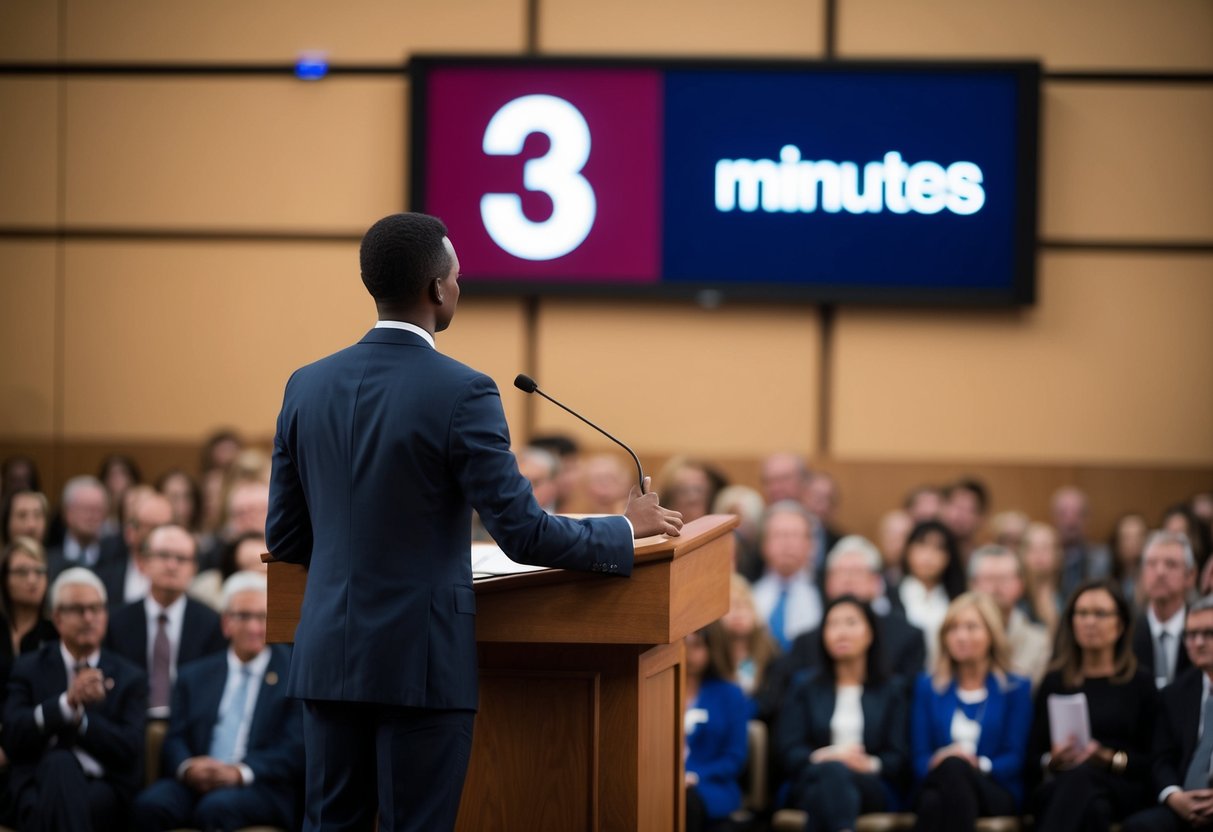 A person standing behind a podium, looking out at an audience, with a timer set for 3 minutes displayed on a screen behind them
