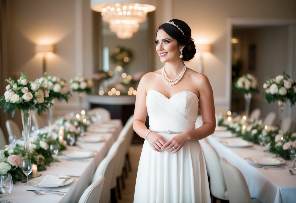 A bride in a floor-length white gown, accessorized with delicate pearl jewelry, stands in a softly lit dining room adorned with elegant floral centerpieces