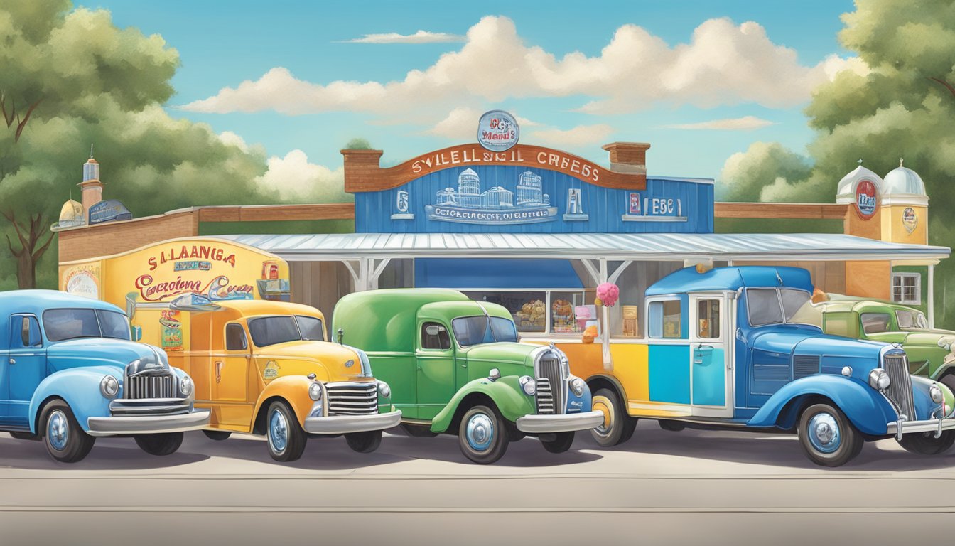 The Sylacauga Blue Bell Creameries features a colorful display of ice cream flavors and a vintage ice cream truck