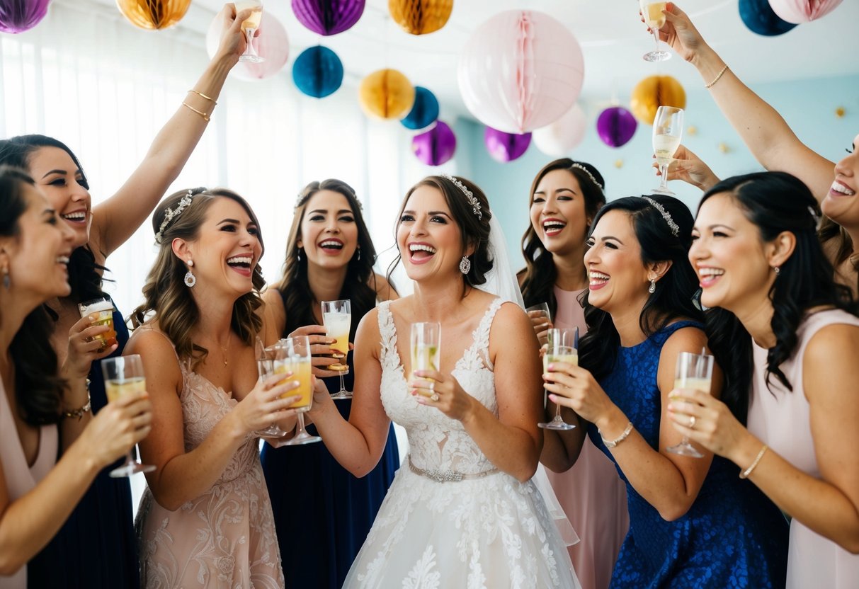 A group of women celebrating with decorations, drinks, and laughter. The bride is surrounded by friends, all enjoying the festivities