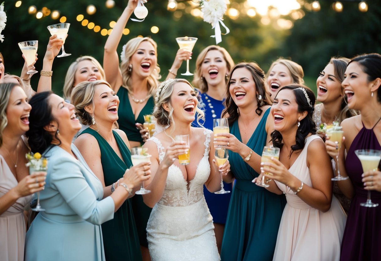 A group of women celebrating with drinks and decorations, with the bride at the center, surrounded by laughter and joy