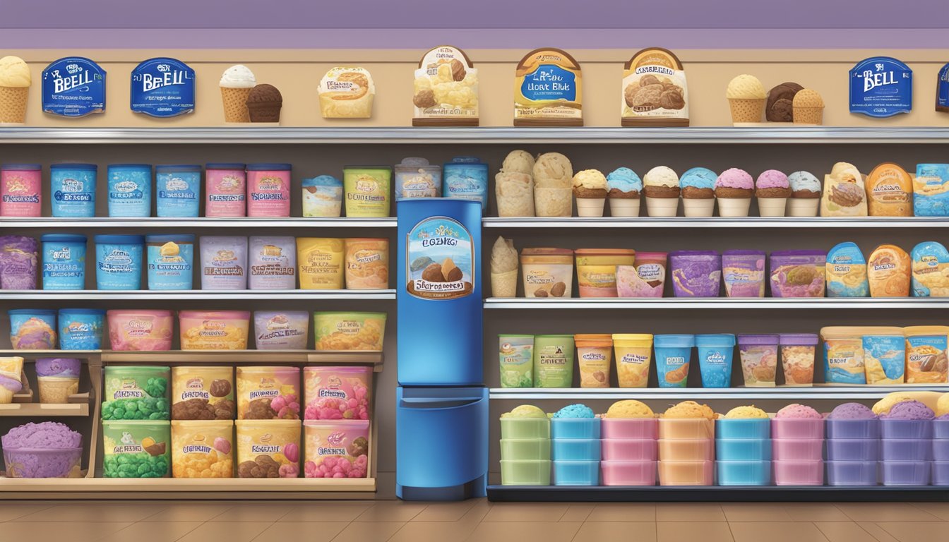 A colorful display of Blue Bell ice cream products at a Sylacauga store, with various flavors and packaging options