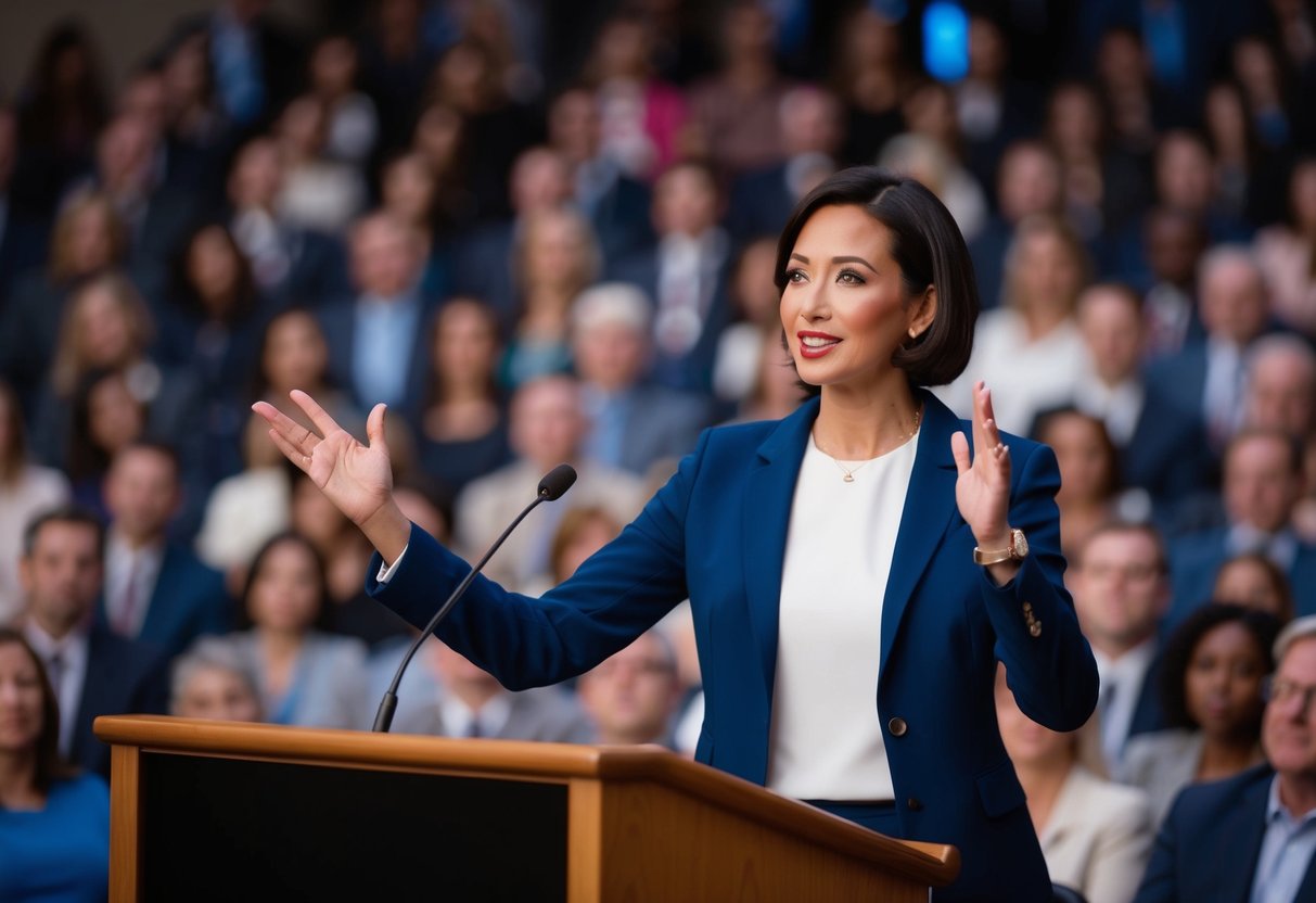 A person standing in front of a podium, facing an audience with confidence, making eye contact, and using hand gestures to emphasize key points