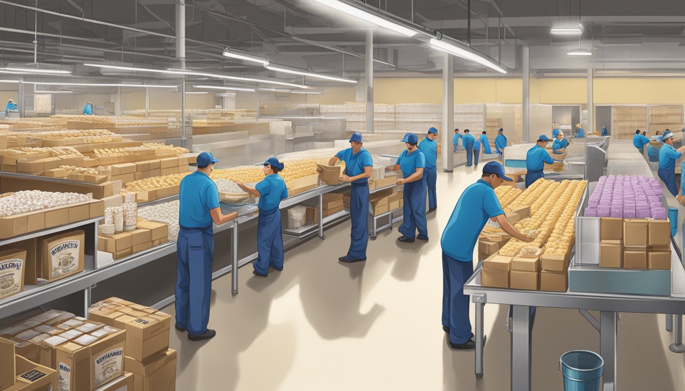 A bustling stockroom at Blue Bell Creameries, with workers organizing and stacking boxes of ice cream products