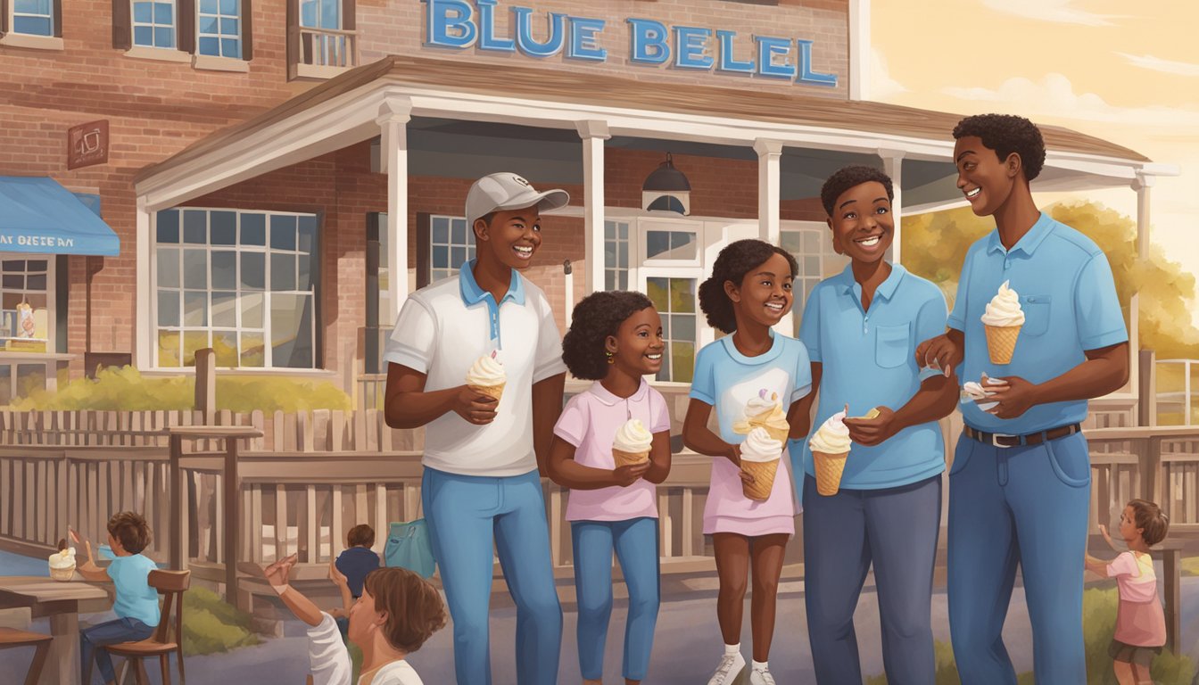 A family enjoys Blue Bell ice cream at a bustling creamery in Sylacauga