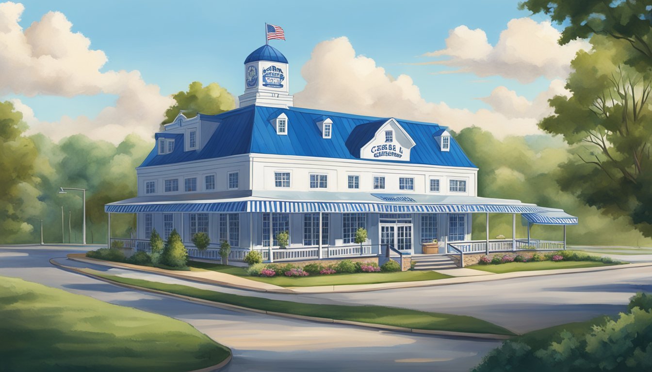 A picturesque scene of Blue Bell Creameries in Sylacauga, featuring the iconic blue and white building, surrounded by lush greenery and a clear blue sky overhead