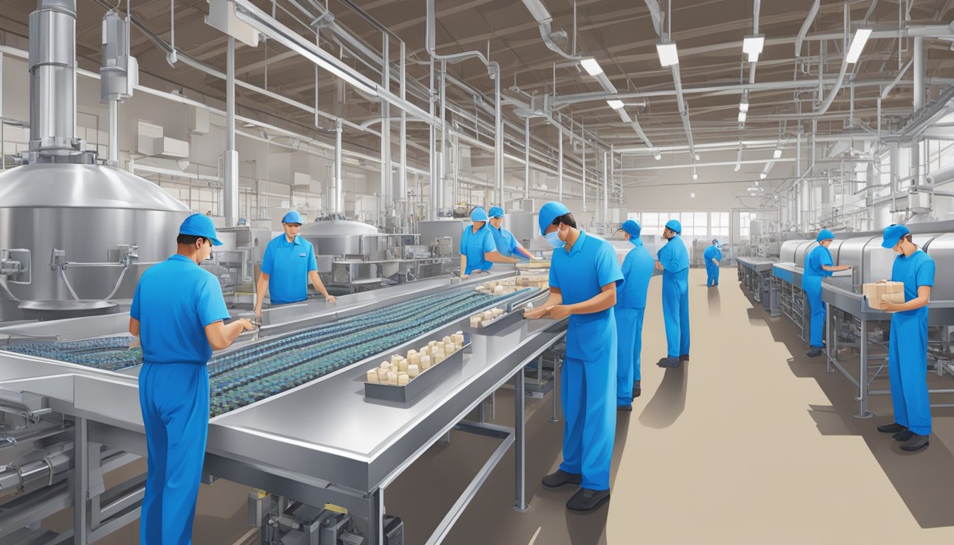 A factory floor with workers in blue uniforms inspecting and packaging blue bell creameries stock