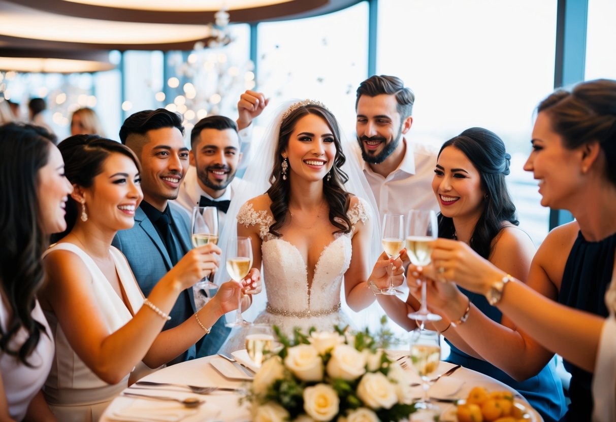 A bride surrounded by friends, celebrating at a fancy restaurant or spa
