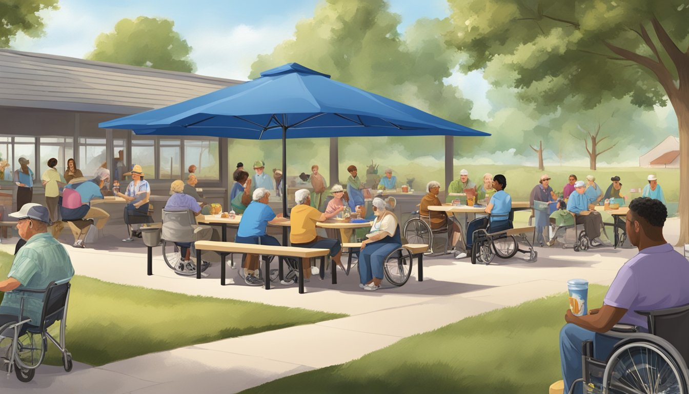 A diverse group of people of all ages and abilities enjoy blue bell ice cream at an outdoor picnic area with wheelchair-accessible tables and ramps