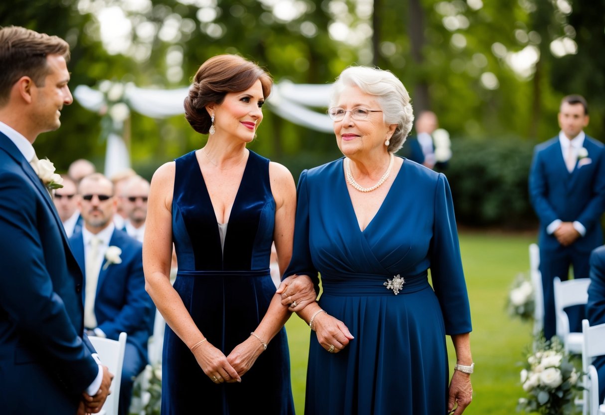 A woman in a deep navy blue dress stands beside her son, the groom, at the wedding ceremony