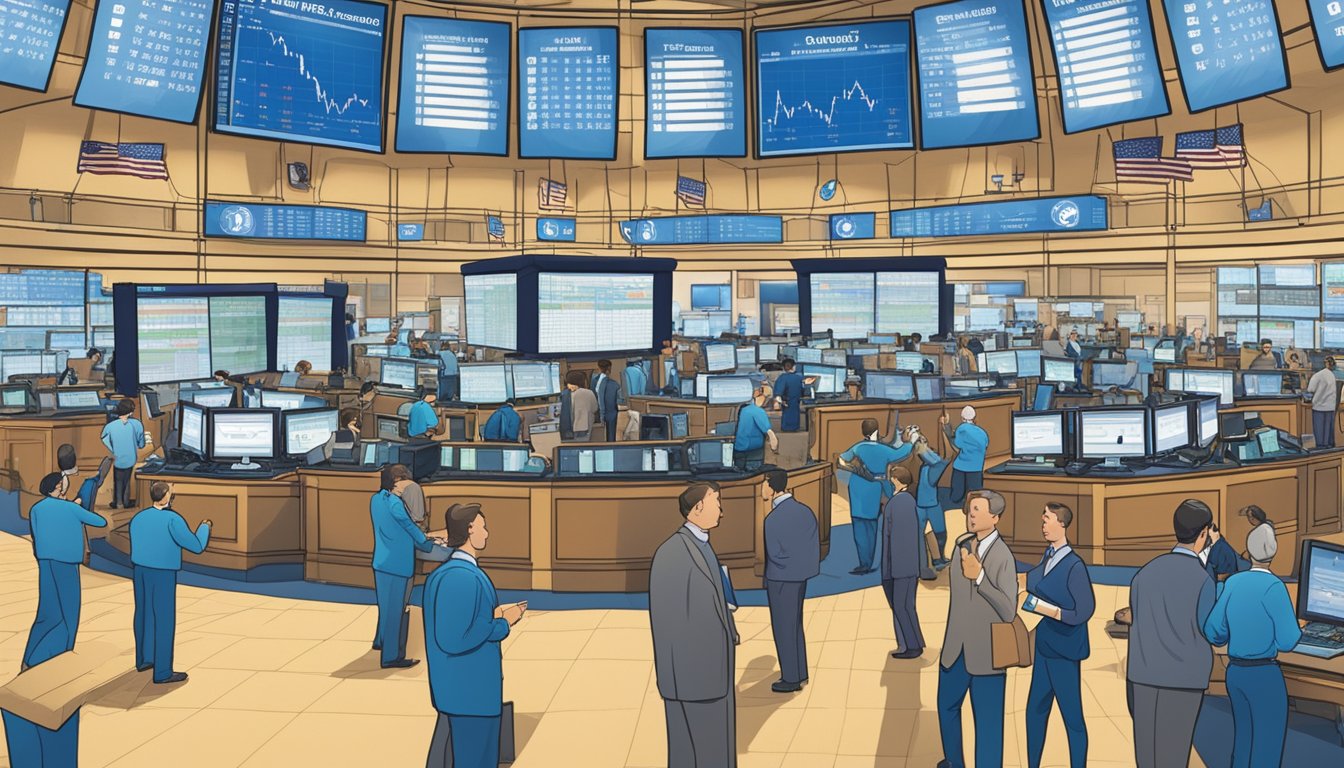 A bustling stock exchange floor with traders gesturing and shouting, screens displaying fluctuating stock prices, and a prominent display of Blue Bell Creameries stock