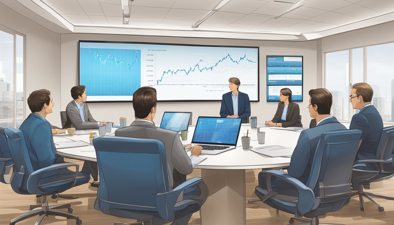 A group of executives discussing strategy and financial charts in a conference room, with a prominent blue bell creameries stock graph displayed on a large screen