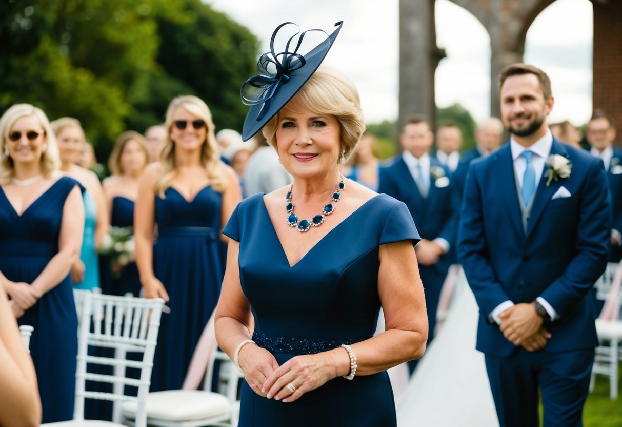 A mother of the groom wearing a deep navy blue dress and matching accessories at the wedding