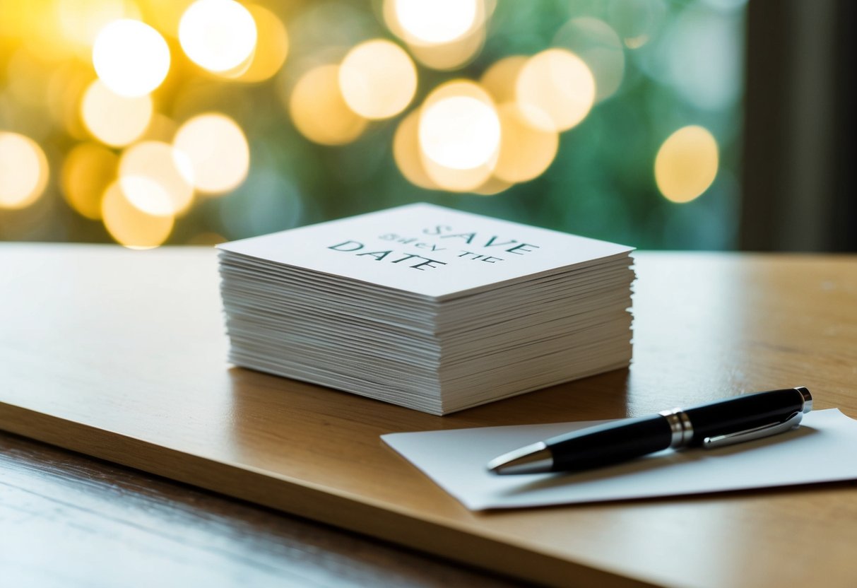 A stack of save-the-date cards on a table, with a pen nearby