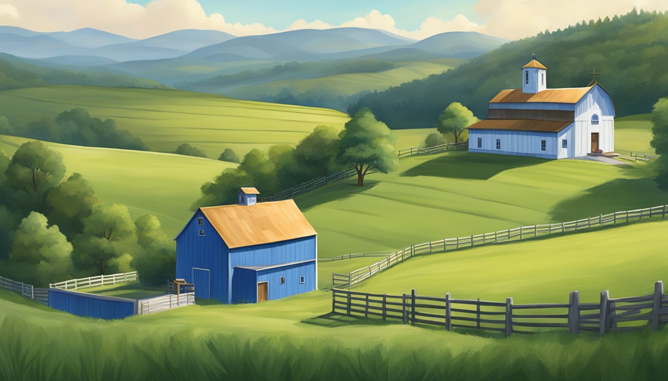 A serene landscape with a rustic blue bell creameries stock building, surrounded by lush green fields and a backdrop of rolling hills