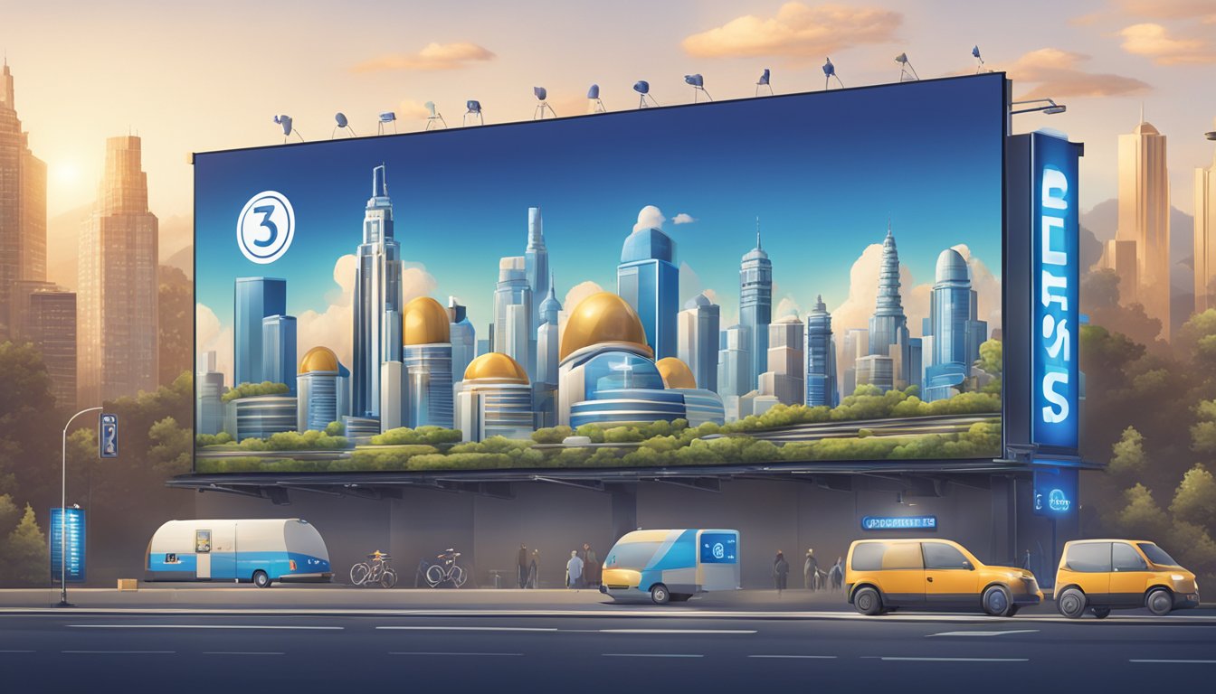 A futuristic city skyline with a prominent blue bell creameries stock symbol displayed on a large digital billboard