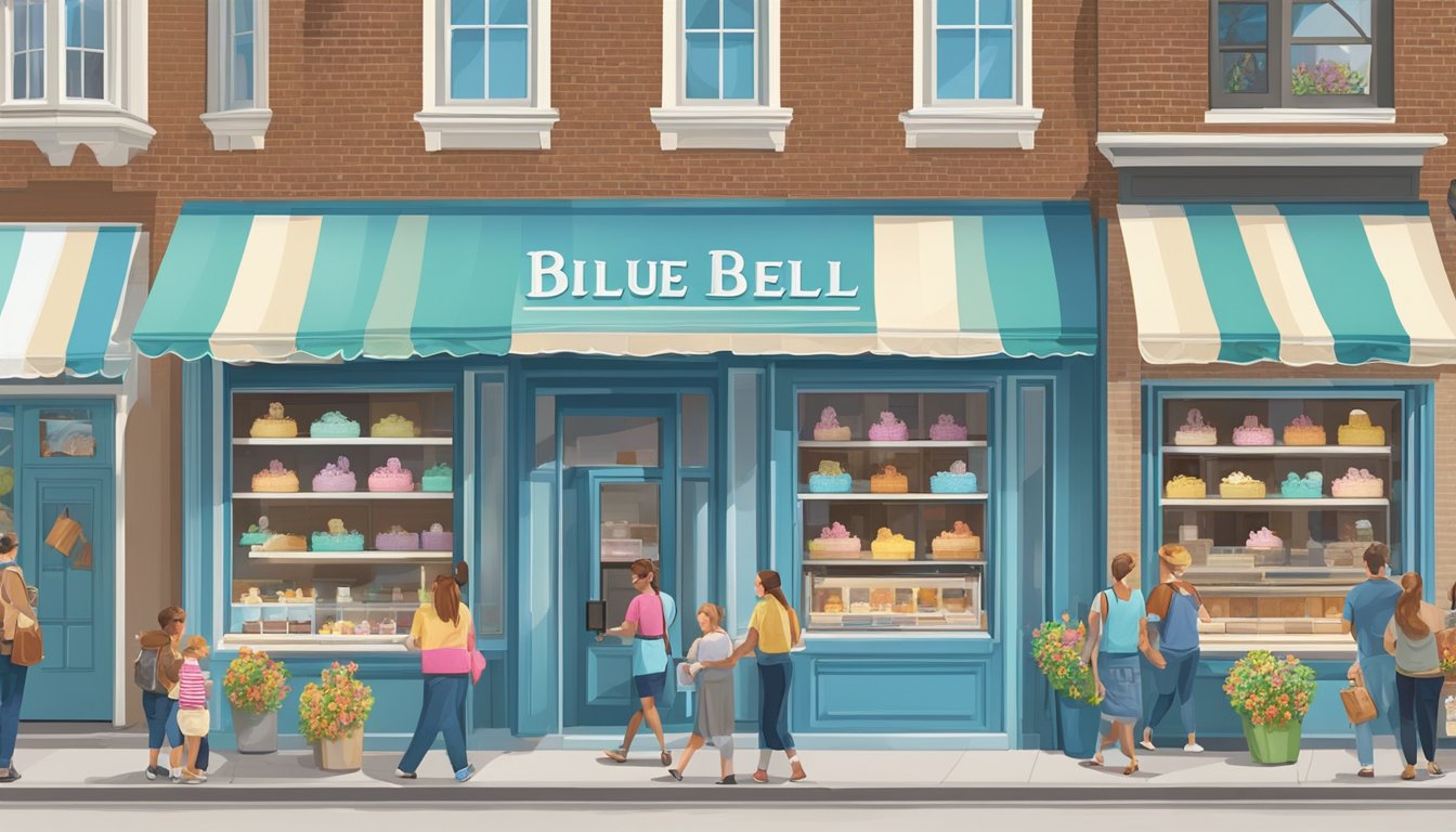 A bustling Blue Bell Creameries storefront in St. Peters, with a colorful display of ice cream flavors and happy customers enjoying their treats