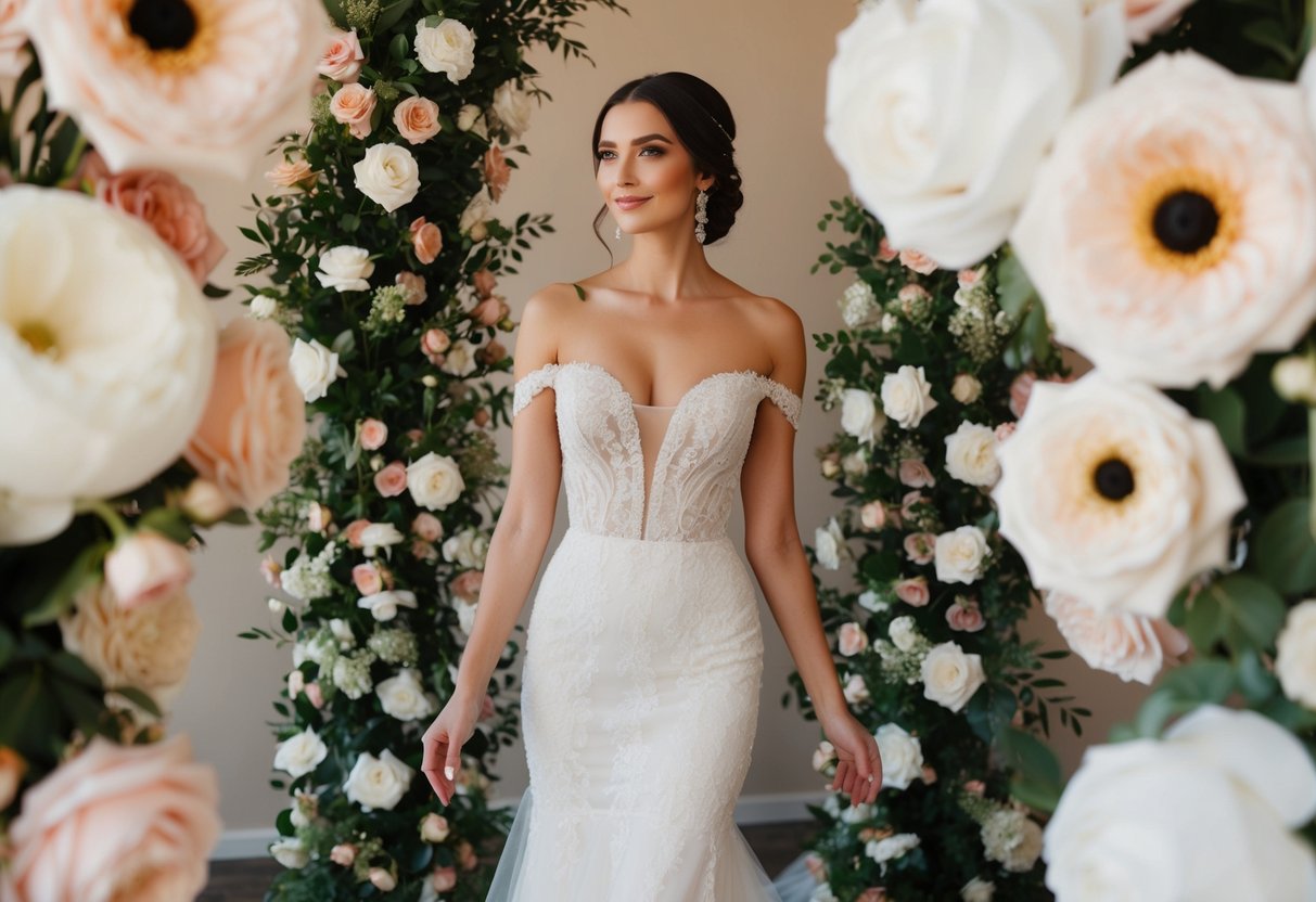 A woman in an elegant dress surrounded by floral arrangements and wedding decorations