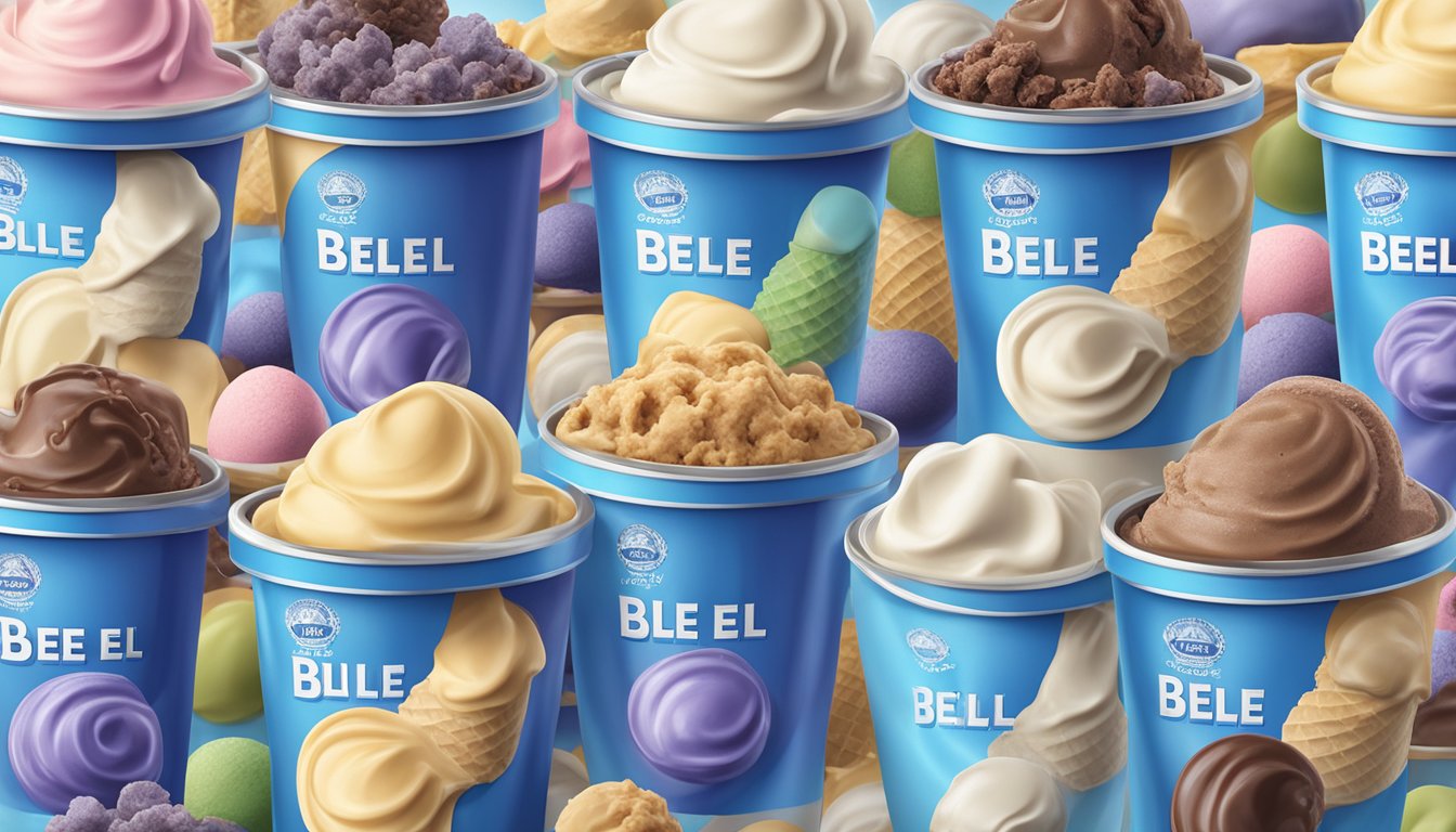 A colorful display of various Blue Bell ice cream flavors arranged in a freezer at a creamery