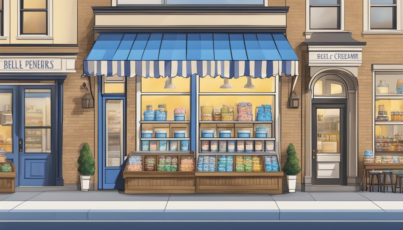 A sunny storefront with a colorful display of Blue Bell ice cream products and offerings at St. Peters Creameries