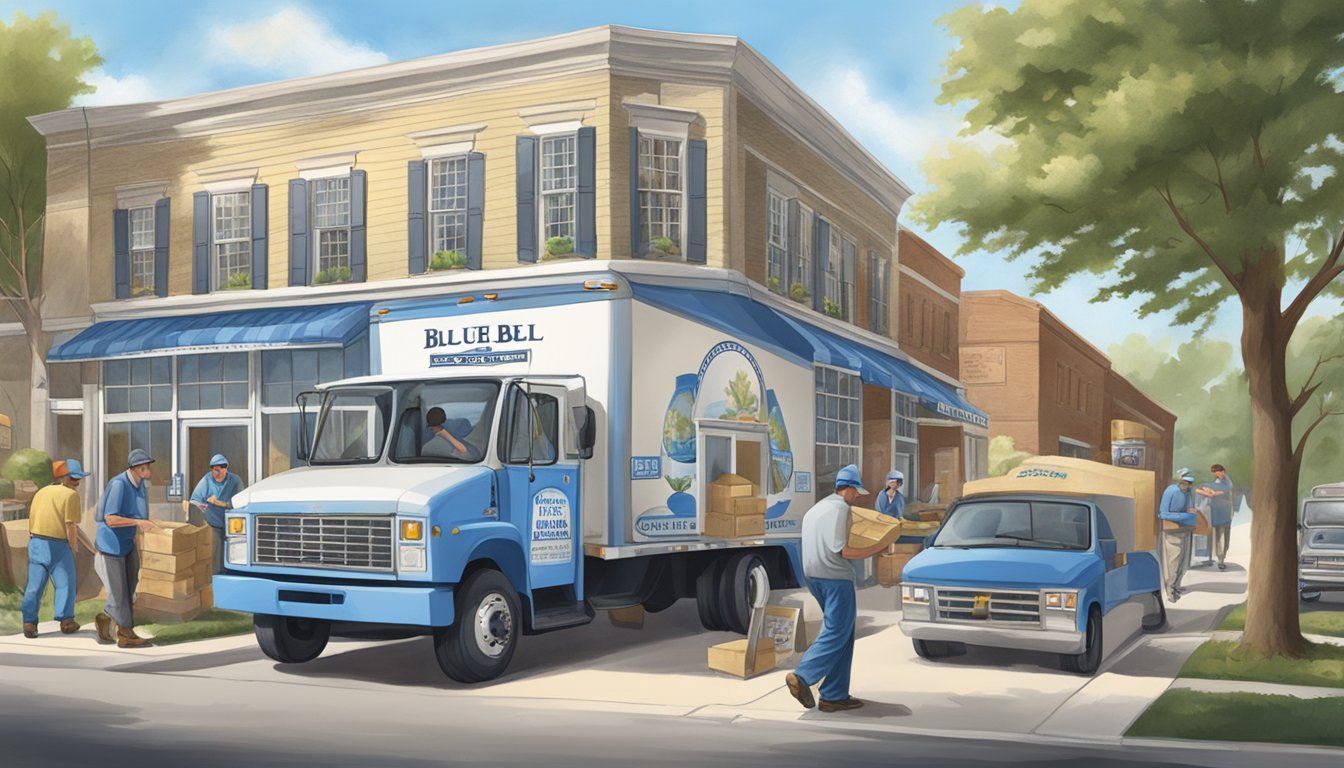 A bustling blue bell creamery in St. Peters, with workers packaging ice cream and loading delivery trucks